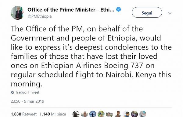 PRECIPITA VOLO ETHIOPIAN AIRLINES CON A BORDO 157 PERSONE