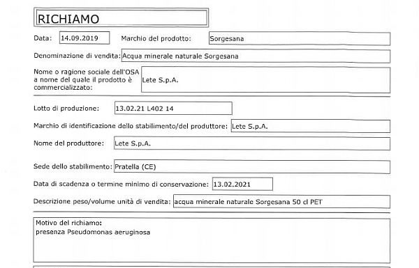BATTERI NELL’ACQUA MINERALE, LETE RICHIAMA LOTTO DI ACQUA SORESANA