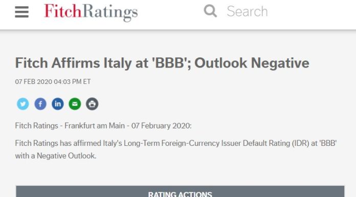 Fitch conferma rating Italia a BBB, outlook negativo