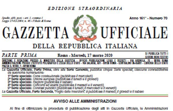 Dl Cura Italia in Gazzetta Ufficiale, e’ in vigore