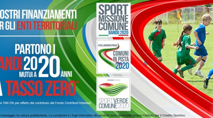 Credito Sportivo e Anci insieme per finanziamenti a tasso zero