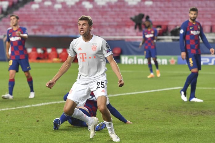 Fussball Champions League/ Viertelfinale/ FC Barcelona, Barca - FC Bayern Muenchen JUbel Thomas MUELLER (Müller, M) nach