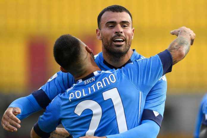 Andrea Petagna of SSC Napoli celebrates after scoring during the Serie A match between Benevento and Napoli at Stadio Be