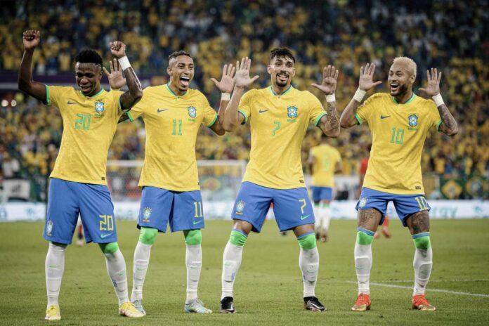 Brazil vs South Korea DOHA, CA - 05.12.2022: BRAZIL VS SOUTH KOREA - Neymar Jr. of Brazil celebrates after scoring a goa
