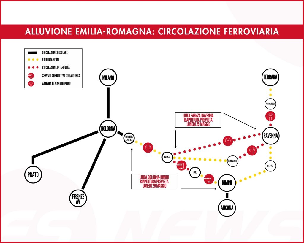 Alluvione, verso la riapertura il 29/5 della linea Bologna-Rimini