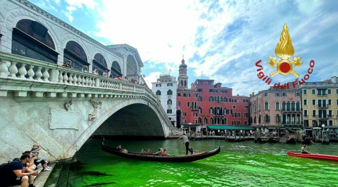 Chiazza verde nel Canal Grande a Venezia
