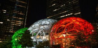 Amazon illumina con il tricolore le sfere del Centro direzionale di Seattle