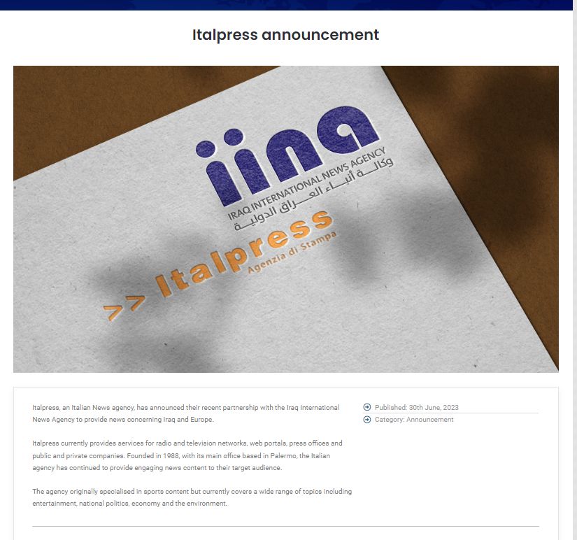 Editoria, partnership Italpress-Iraq International News Agency