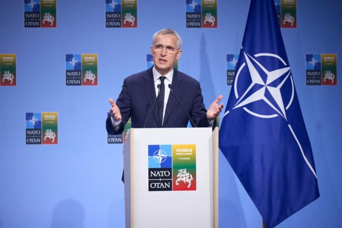 Vilnius, Lithuania: NATO Summit 2023. Rishi Sunak, Olaf Scholz and Emmanuel Macron