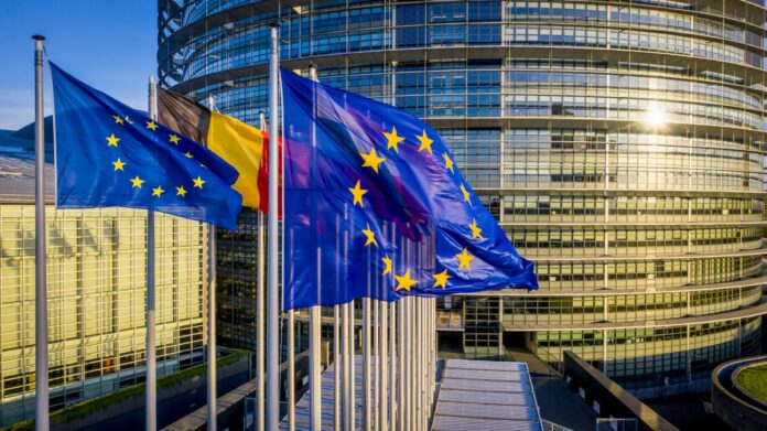 Francia, Strasburgo: veduta aerea realizzata con un drone dell'edificio del Parlamento europeo a Strasburgo