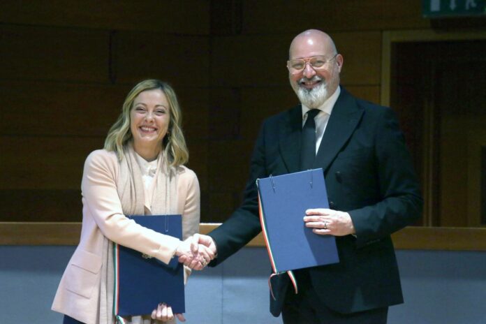 Il presidente del Consiglio Giorgia Meloni incontra il presidente della regione Emilia-Romagna Stefano Bonaccini