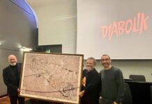 I Manetti Bros salutano torri Fiera District Bologna set film Diabolik