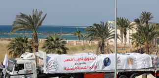 انطلاق 15 شاحنة تحمل مساعدات إنسانية من جنوب سيناء إلى غزة