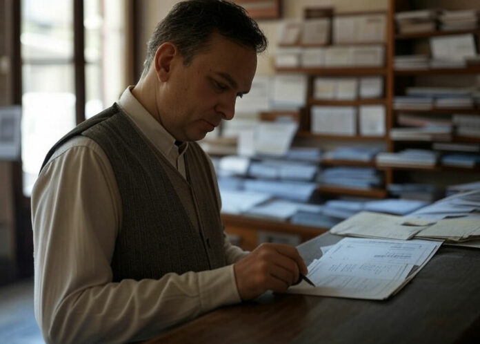 uomo che scrive telegramma