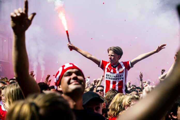 Soccer fans watch Sparta-PSV in center of Eindhoven