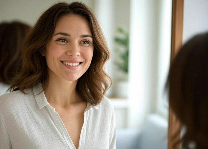 donna sorridente allo specchio