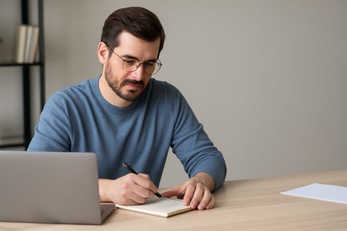 uomo prende appunti uomo prende appunti