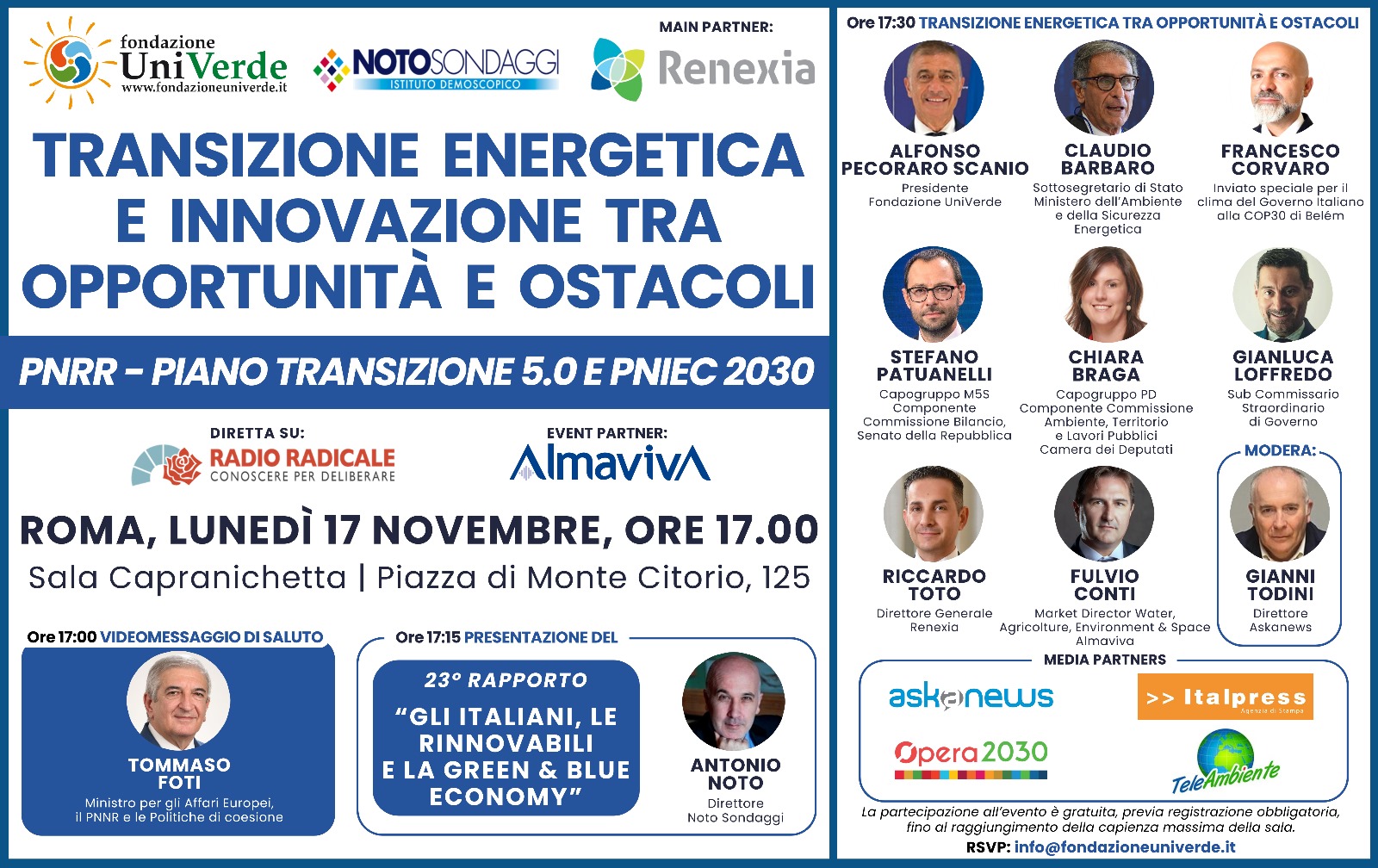 Il 17 novembre a Roma il convegno “Transizione energetica e innovazione tra opportunità e ostacoli”
