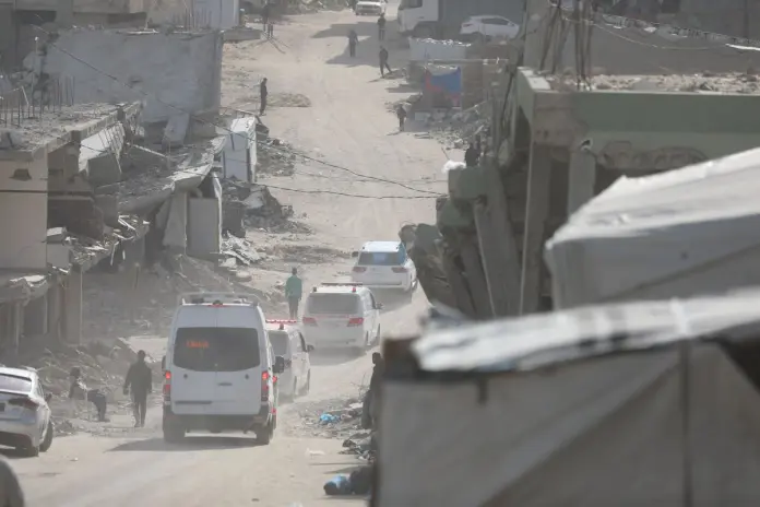 A number of patients, accompanied by their companions, left the Al-Amal Hospital, run by the Palestinian Red Crescent Society, in Khan Younis,, Gaza city, Gaza Strip, Palestinian Territory - 03 Feb 2026