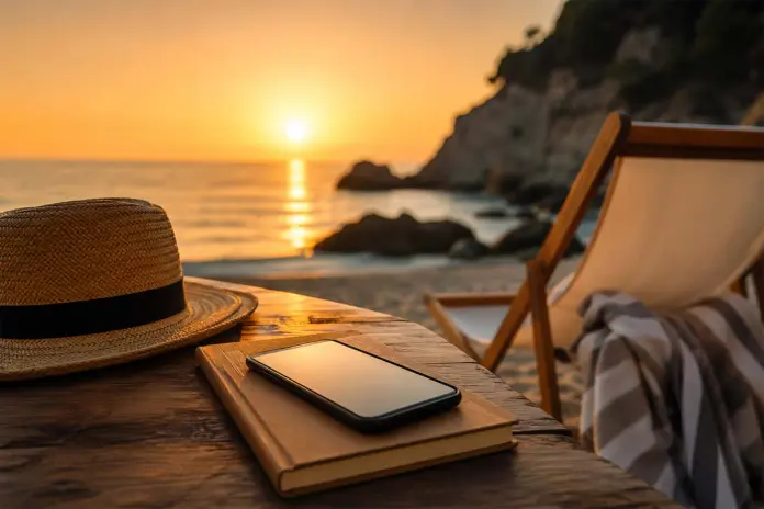 digital detox spiaggia al tramonto: libro, smartphone spento e cappello