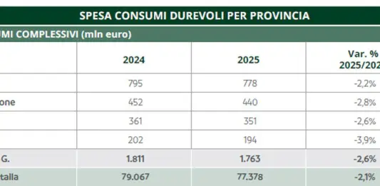 Friuli Venezia Giulia, nel 2025 beni durevoli in calo (-2,6%) a 1,7 mln