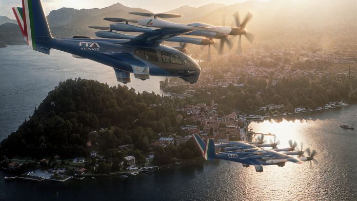 Un rendering dell'air taxi Midnight, interamente elettrico, di Archer in volo in Italia