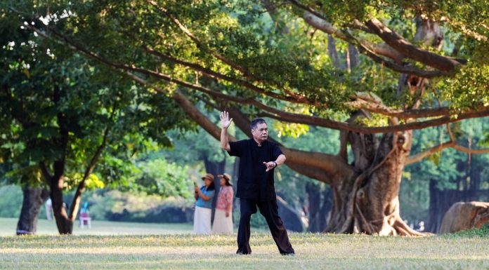 Cina: Nanning, abitanti svolgono attività fisica nel verde del parco Nanhu (3)