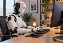 Come migliorare un testo scritto con l’Intelligenza Artificiale robot umanoide al pc