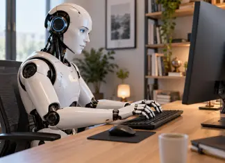 Come migliorare un testo scritto con l’Intelligenza Artificiale robot umanoide al pc