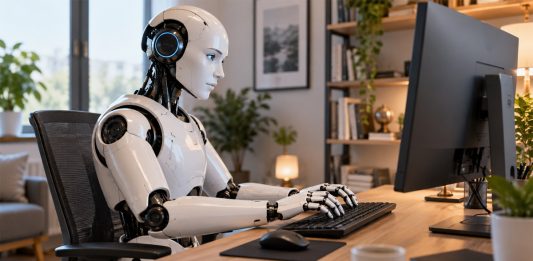 Come migliorare un testo scritto con l’Intelligenza Artificiale robot umanoide al pc