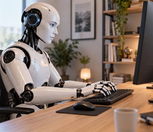 Come migliorare un testo scritto con l’Intelligenza Artificiale robot umanoide al pc