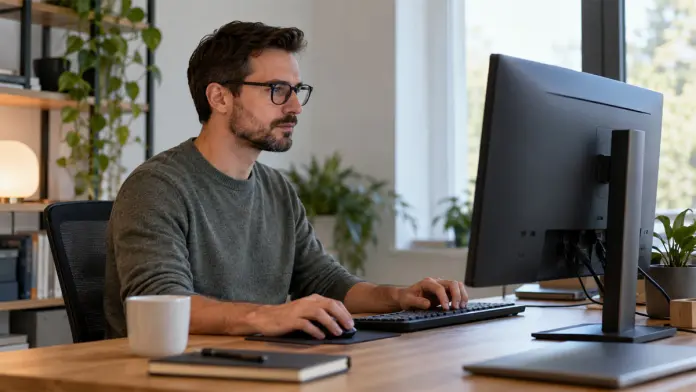 uomo al pc desktop